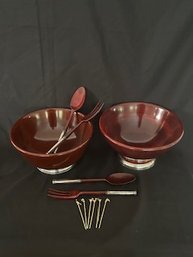 Lacquered Wood Serving Pieces With Sterling Handles Made In France And Appetizers Picks, Includes Large Servin