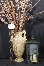 Home Decor Includes A Lantern, Unique Candlestick And Grecian Style Resin Vase