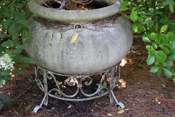 Large Cement Cauldron Pot On Ornate Cast Metal Stand