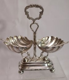 Russian Silver Fancy Footed Salt And Pepper Serving Dish With 2 Sterling Spoons