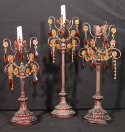 3 Piece Set Of Stylish Tabletop Candelabras With Cute Amber Toned Beaded/crystal Accents