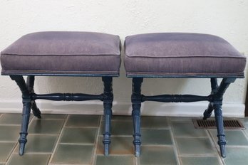 Pair Of European Style X Stools Painted Blue Over A Distressed Wood Finish.