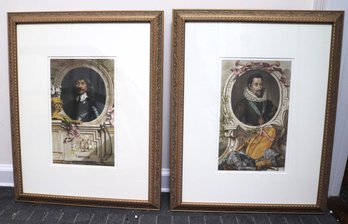 Pair Of Colorized Portraits Of British Royals Matted & Framed In Elegant Gold Frames