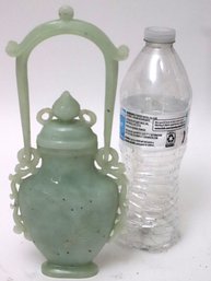 Unique Light Green Jadeite Stone Urnfrom With Tall Handle & Delicate Carved Design