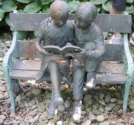 Life Size Cast Bronze Garden Statue Of Two Children Reading On A Bench