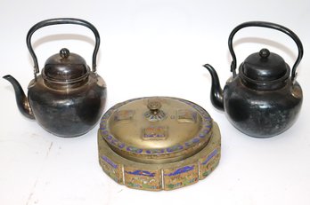 Two Chinese Silver Teapots With Engraved Design & 1 Stamped Silver & Brass Box With Camel Motif Border