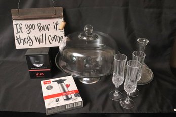Glass And Crystal Items, Including Lg. Pedestal Cake Stand, Etched Decanter And More.