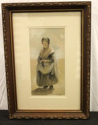 Chalk Pastel Painting Of Old Dutch Woman With Shawl And Bonnet Signed George.