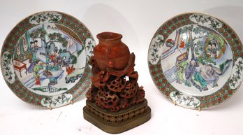 Pair Antique Chinese Plates With Painted Garden Scenes & Carved Soapstone On Brass Base