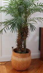 Faux Palm Tree In Hand Made Rattan Basket With Wooden Rim.