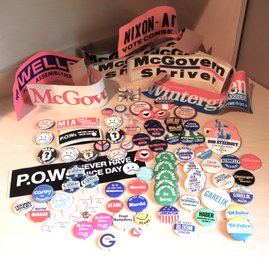 Collection Of Vintage Political Pinback/Buttons & Bumper Stickers Includes P.O.W.S, Democrats For Nixon