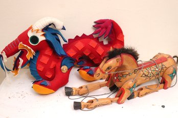 Vintage Wood Horse Marionette Puppet And Stuffed Dragon From The Rubin Museum Of Art