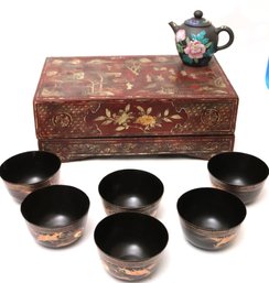 Red Painted Lacquered Box With Small Nut Trays, Six Lacquered Bowls & Painted Clay Tea Pot