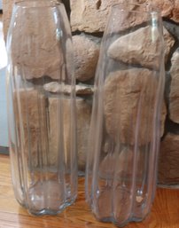 Two Tall Artisanal Handmade Glass Vases With Ribbed Pattern