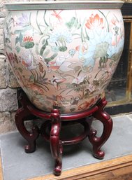 Large Porcelain Fish Bowl Planter With Hand Painted Scenes Of Lotus Flowers, Mandarin Ducks, And Butterflies.