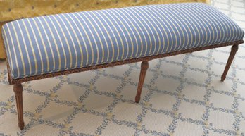 Louis The XVI Style Carved Wood Bench With Custom Plaid Linen Fabric