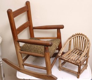 Vintage Toddler Size Wood Rocking Chair Includes A Cute Little Natural Branch Doll Size Chair