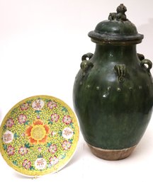 19th Century Green Glazed Ceramic Temple Jar & Decorative Chinese Yellow Plate With Bats