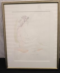 Watercolor And Pencil Portrait Of Seated Nude Signed Tsontakis Malley.
