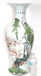 Graceful Antique Hand Painted Chinese Porcelain Vase With Birds In Trees & Calligraphy