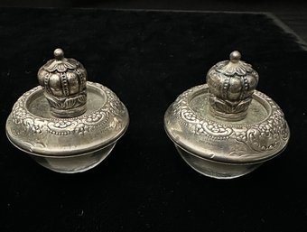 STERLING SILVER PAIR OF GLASS TABLE LIGHTERS