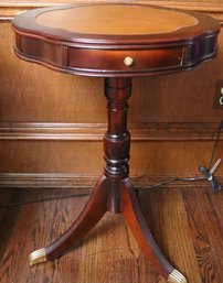 Mahogany Clover Shaped Side Table With Leather Top And 2 Drawers.