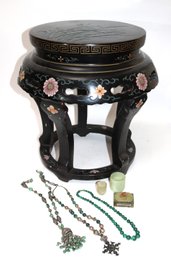 Lacquered & Painted Stool With 2 Small Jade Cups, 3 Ethnic Necklaces With Silver And Malachite& Matchbox