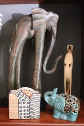 African Themed Decor With Tall Elephant, Meerkat, Stoneware Painted Coasters, And More.