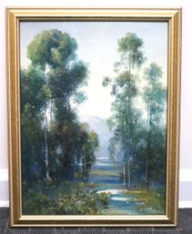 Painting On Board Of Inviting Green Shaded Landscape With Trees & Ponds