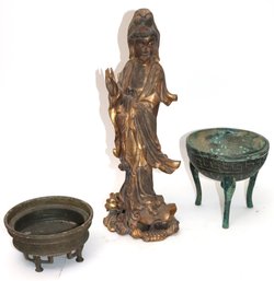 Carved Gilt Wood, Guanyin Statue And Vintage Engraved Metal Bowls