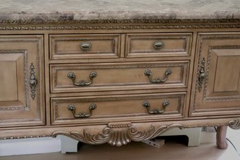 American Drew Console With A Marble Veneer Top, Ornate Drawer Pulls With Carved Wood Detailing On The Edge.