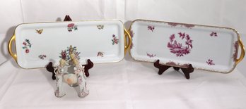 2 Hand Painted Cerabel Porcelain Platters With Handles Made In Belgium, Includes Figurine