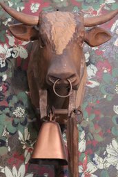 Carved Wood Cow Head Dinner Bell Sculpture, Functional Piece Signed By The Artist
