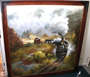 Fabulous Oversized Painting Of Locomotive Chugging Through Mountain Landscape In Leather Frame.