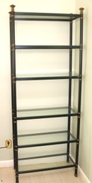 Stylish Metal Etagere With Glass Shelves & Brass Accents