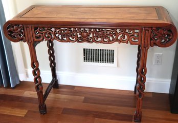 Chinese Scroll Style Wooden Altar Table With Carved Apron Front & Braided Style Legs