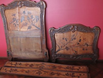 Antique Wood Hand Inlaid Twin Size Bed Frame, Signed By The Artist E. Elizer