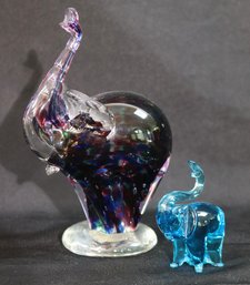 Handmade Bermuda Blown Art Glass Elephant Sculpture Includes A Cute Little Blue Blown Glass Elephant