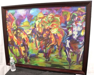 Framed Post Impressionist Oil On Canvas Of Horse Race, With Bold Strokes Of Color.