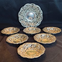 Sterling Silver Fancy Open Grape Arbor Design Candy/Nut Dish W 6 Matching Side Dishes - J.E. Caldwell & Co.