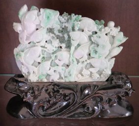 Beautiful Intricately Carved White Burma Jade With Shades Of Green & Purple On Ebonized Wood Base
