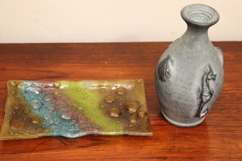 Sea Horse Pottery Vase Labeled On The Bottom And Pretty Bubble Glass Art Tray