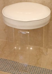 Stylish Vanity Stool With A Custom White Vinyl Cushioned Seat On Acrylic Base