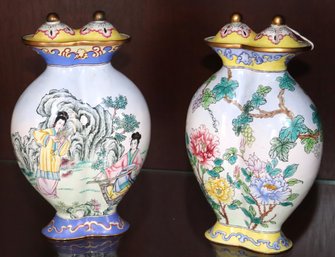 Pair Of Chinese Lidded Enamel Double Vases In Gourd Shape With Hand Painted Flowers, Trees And Maidens