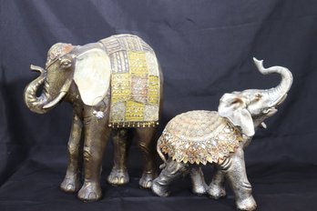 Two Decorative Elephants, Dressed In Gold And Glitter With Trunks Up For Good Luck.