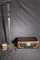 Tall Heavy Wrought Iron Candlestick Including A Pretty Decorative Chinese Stenciled Trinket Box