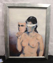 Surrealistic Oil On Canvas Of Woman With Face Mask