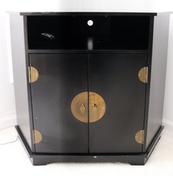 Contemporary Black Lacquered Corner Cabinet With Chinoiserie Style Brass Closure.