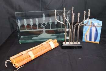 Silverplate Modernist Hanukkah Menorah Includes An Etched Glass Menorah Stand, Candles Are Included