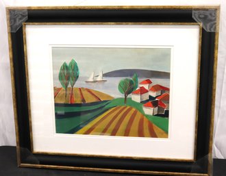 Decorative Landscape Painting With Farmland, Lake, And Boats, Signed Weingarten.